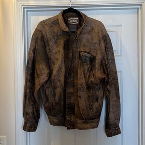 Vintage brown distressed leather bomber moto jacket men’s L?